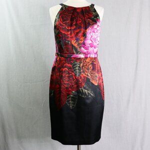 Tahari Black Satin Floral Sheath Dress Size 10 Sleeveless Cocktail Party